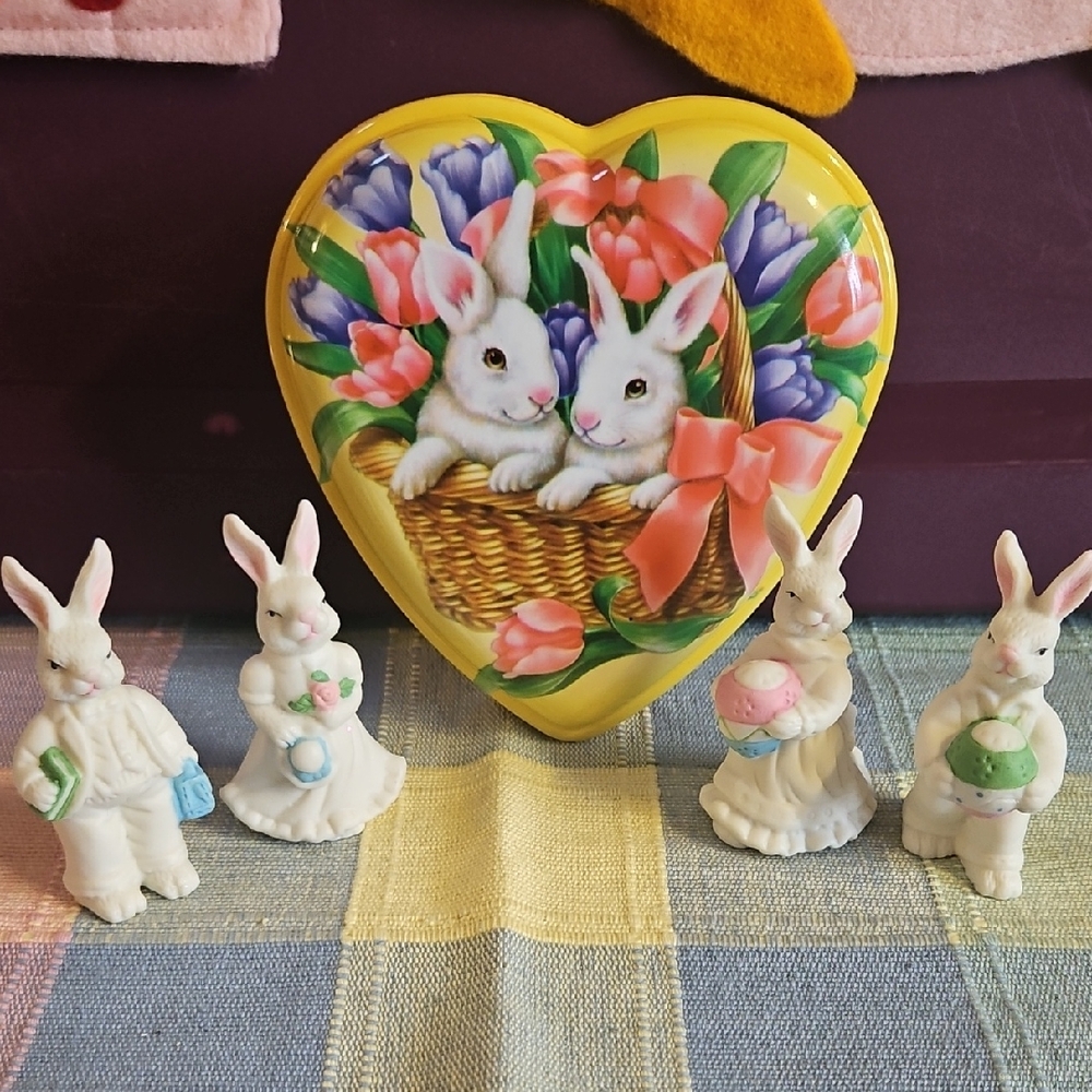 Ceramic Bunny Couples with Vintage Plastic Container